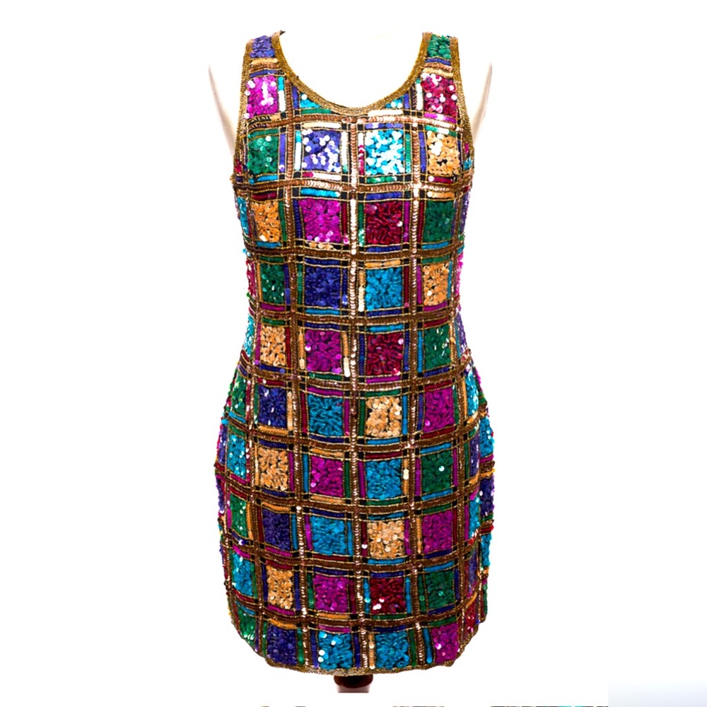 Vintage Laurence Kazar Unique Rare 1970-80 rainbow Beaded sequin dress Sz‎ med